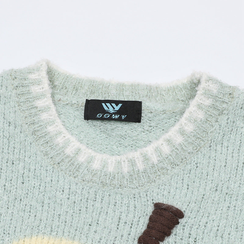 Cartoon Jacquard Crewneck Knit Sweater with Fringe Detail