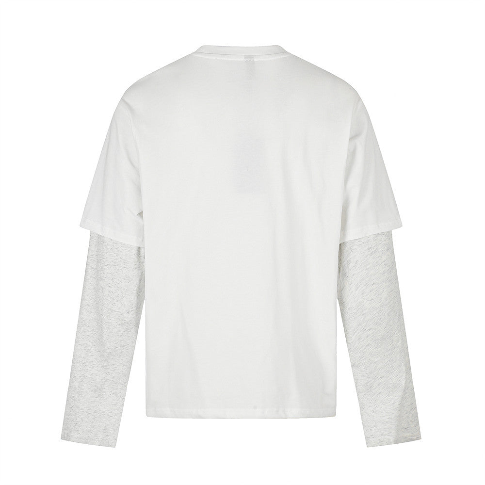 Oversized Faux-Layered Long Sleeve Graphic Tee – Portrait Print Crew Neck