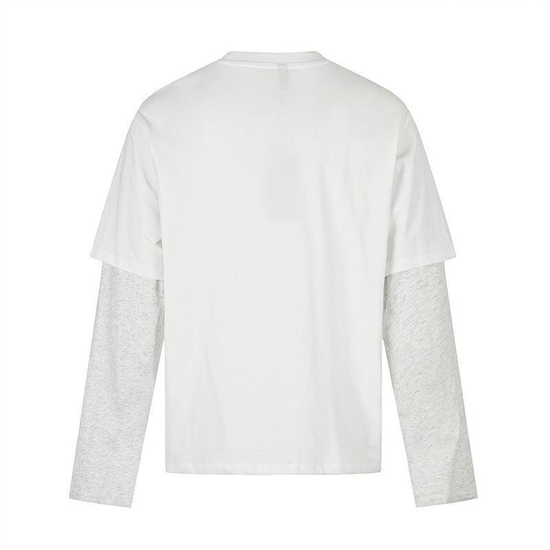 Oversized Faux-Layered Long Sleeve Graphic Tee – Portrait Print Crew Neck