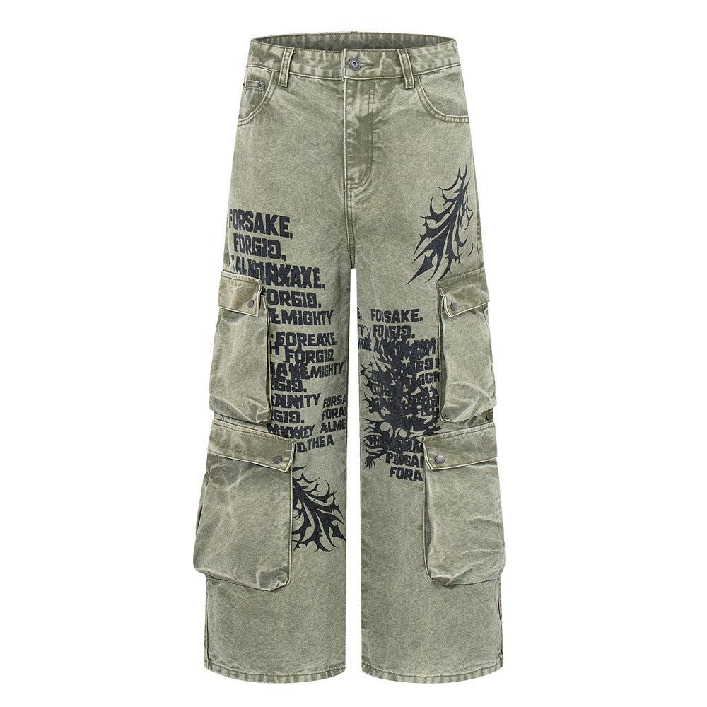 Wide-Leg Cargo Pants with Tribal Graphic & Letter Print – Acid Wash Army Green