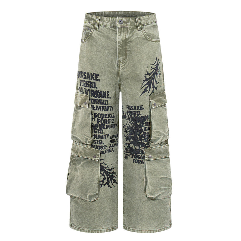 Wide-Leg Cargo Pants with Tribal Graphic & Letter Print – Acid Wash Army Green