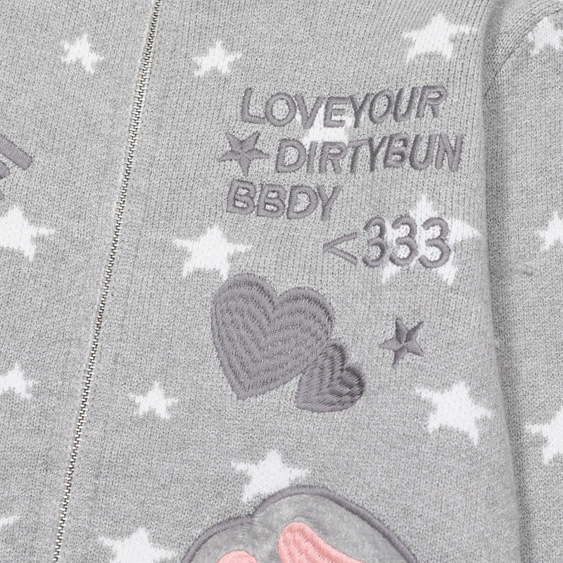 Star Print Zip-Up Knit Cardigan with Ruffle Hem & Cat Paw Embroidery
