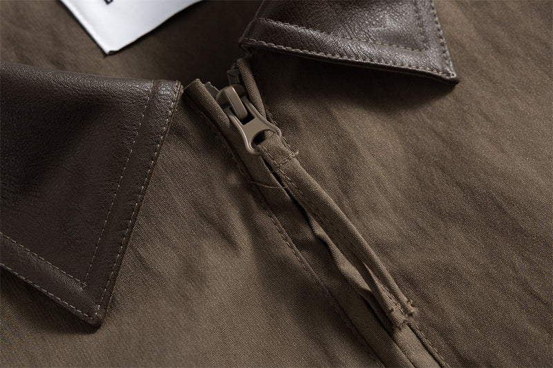 Men's Pleated Bomber Jacket with PU Leather Collar — Relaxed Fit Workwear Flight