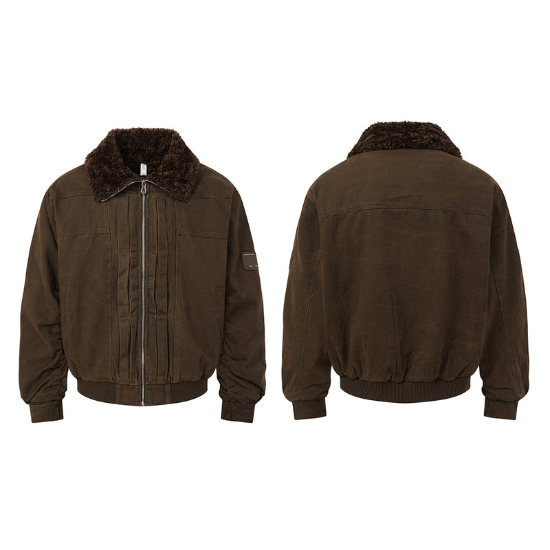 Retro Washed Cotton Bomber Jacket with Sherpa Collar