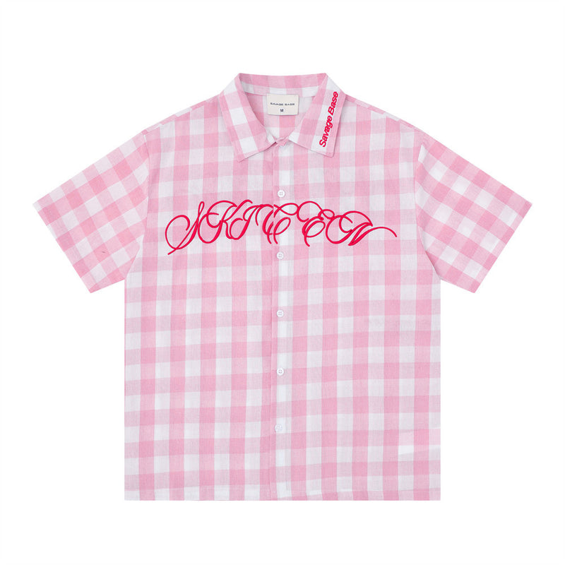Oversized Gingham Check Short Sleeve Shirt with Embroidered Script Logo