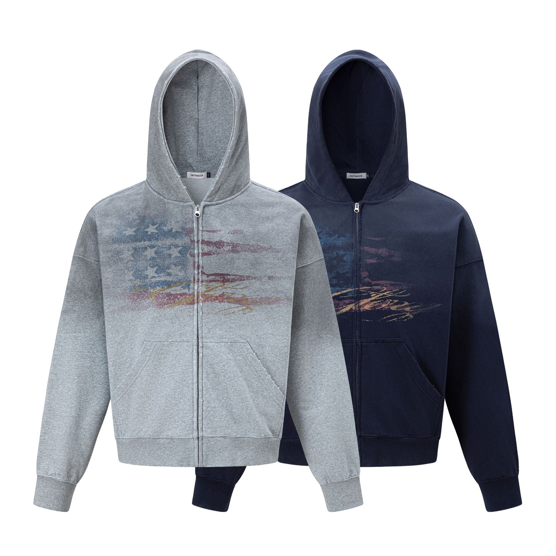 Sweat à capuche zippé drapeau américain usé – Streetwear vintage délavé
