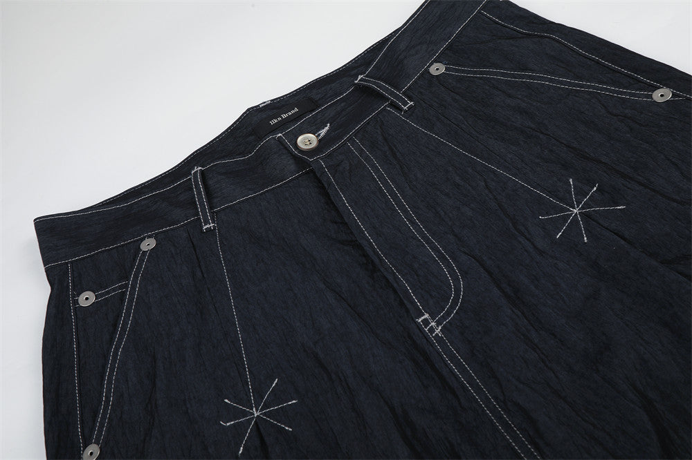 Wide-Leg Denim Pants with Contrast Stitching and Star Tack Details