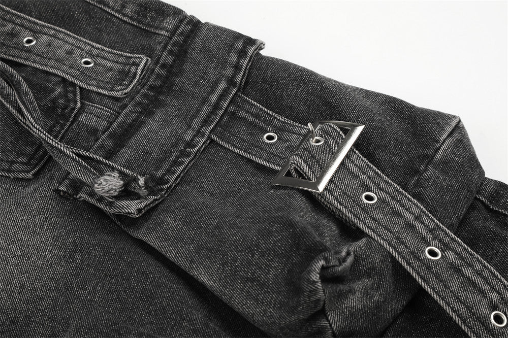 Deconstructed Cargo Denim Shorts – Multi-Pocket Punk Distressed Wide Leg