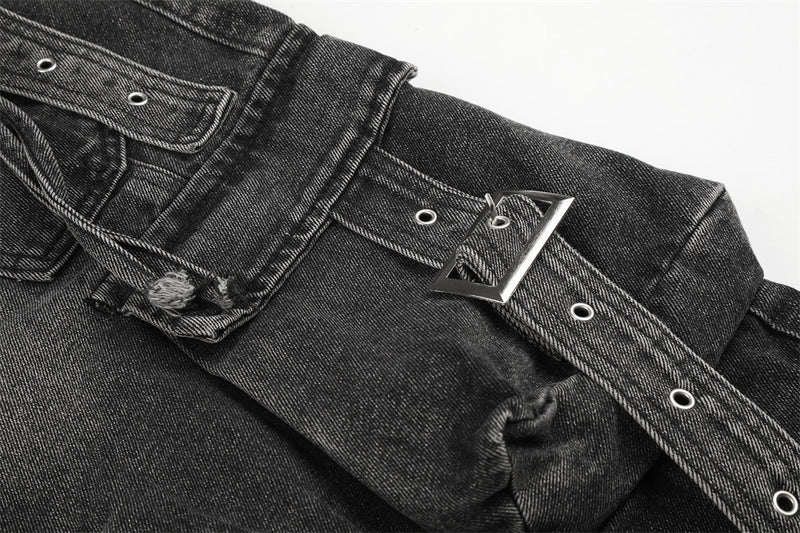 Deconstructed Cargo Denim Shorts – Multi-Pocket Punk Distressed Wide Leg