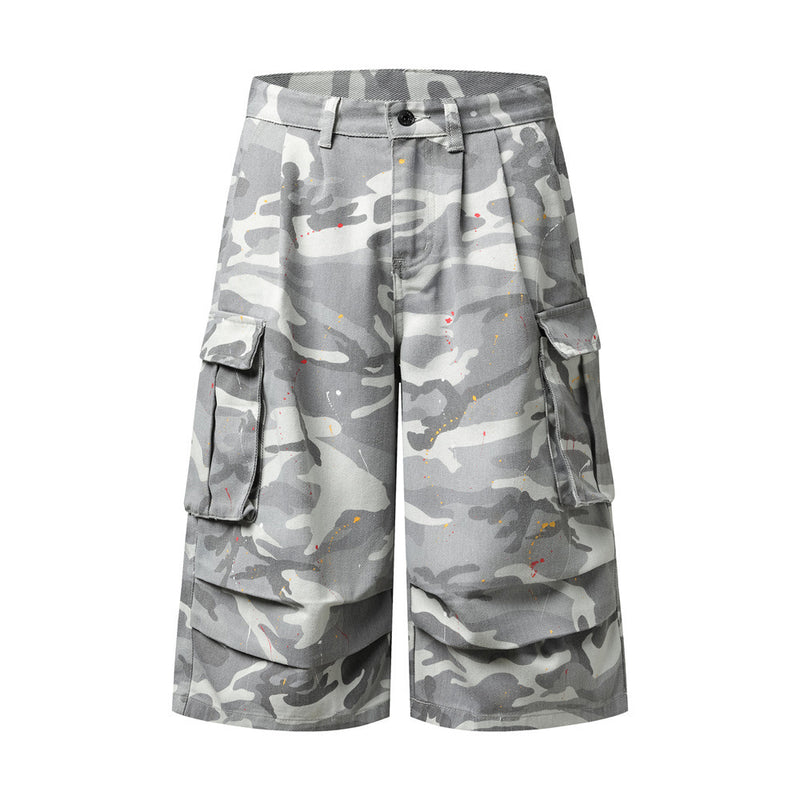 Camo Cargo Shorts – Paint Splatter Multi-Pocket Wide-Leg