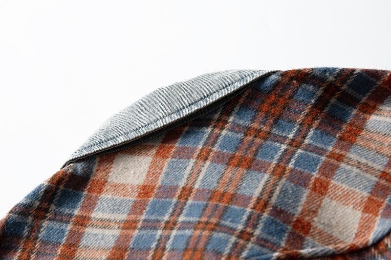 Men's Red Plaid Shirt Oversized Denim-Splice Faux Two-Piece Button-Down
