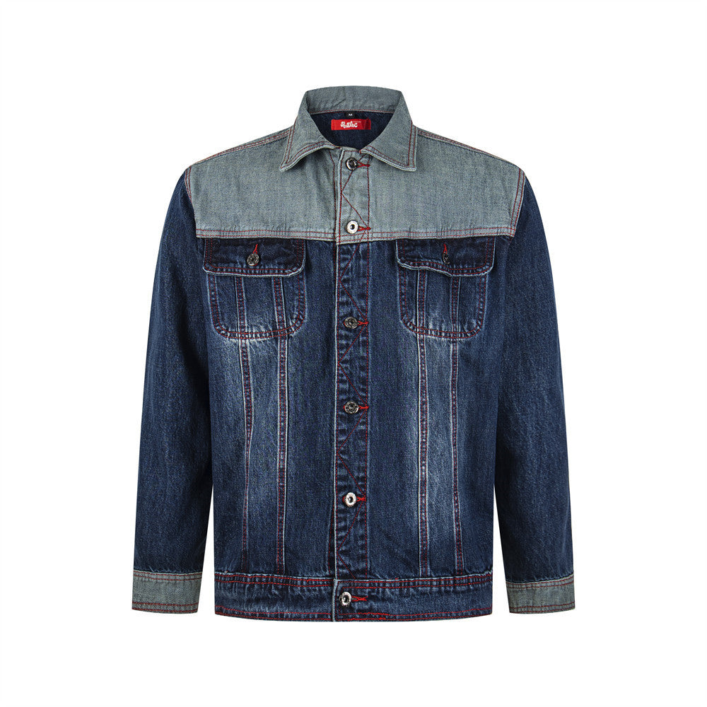 Men's two-tone blue and grey denim jacket with red contrast stitching, front and back view