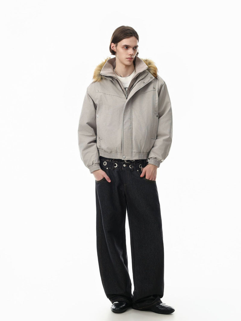Fur Collar Padded Bomber Jacket – Vintage American Streetwear Winter Coat