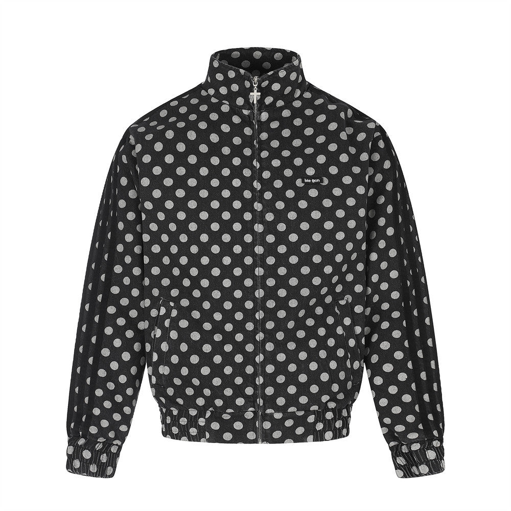 Men's Polka Dot Denim Track Jacket – Stand Collar Full-Zip Retro Streetwear