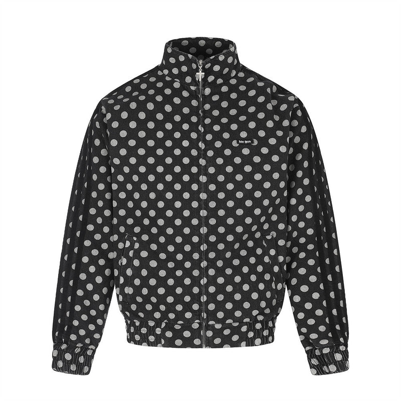 Men's Polka Dot Denim Track Jacket – Stand Collar Full-Zip Retro Streetwear