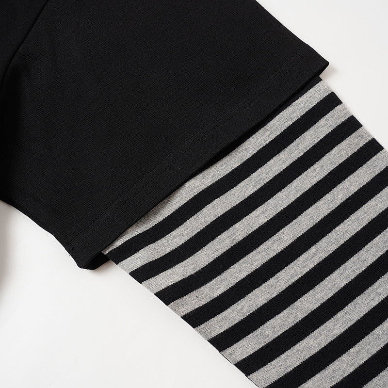 Long Sleeve T-Shirt Faux-Layered Rock Graphic Striped Sleeve Oversized Tee