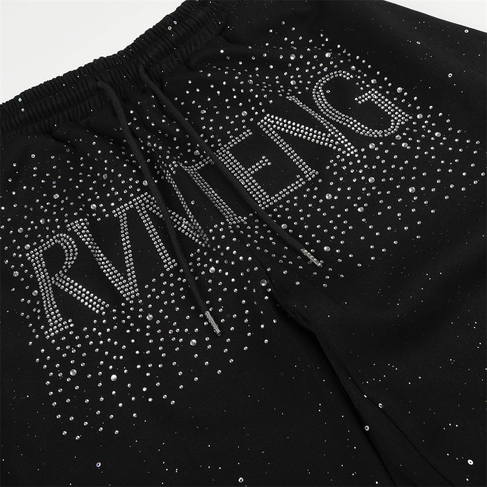 Men's Wide-Leg Sweatpants with Rhinestone Letter Print & All-Over Starry Sparkle