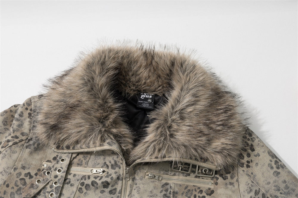 Leopard Print Zip-Up Jacket with Faux Fur Collar & Sherpa Lining