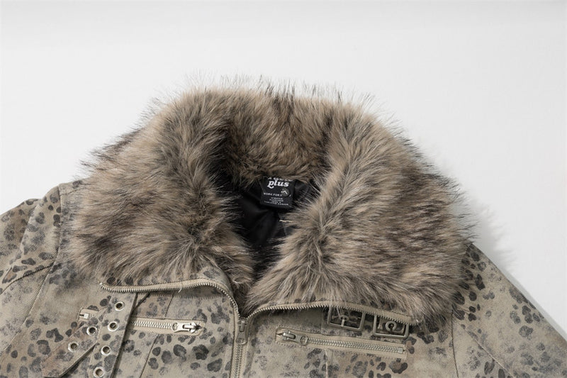Leopard Print Zip-Up Jacket with Faux Fur Collar & Sherpa Lining