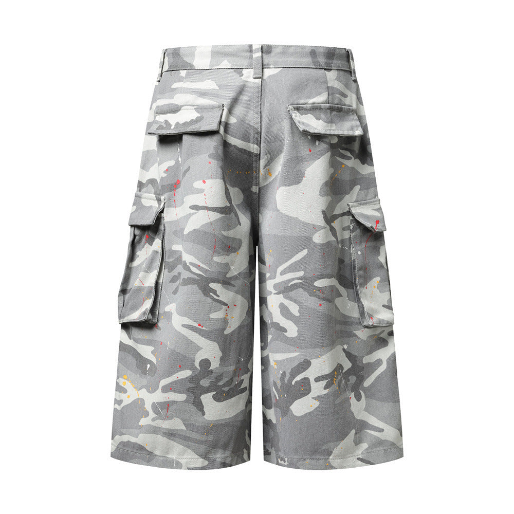 Camo Cargo Shorts – Paint Splatter Multi-Pocket Wide-Leg