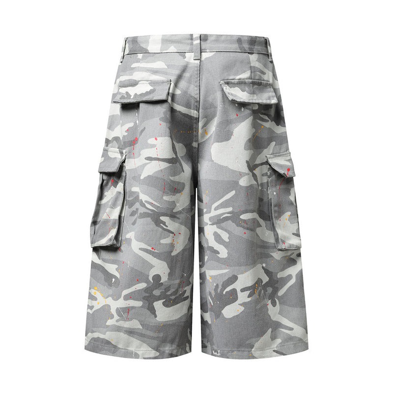 Camo Cargo Shorts – Paint Splatter Multi-Pocket Wide-Leg