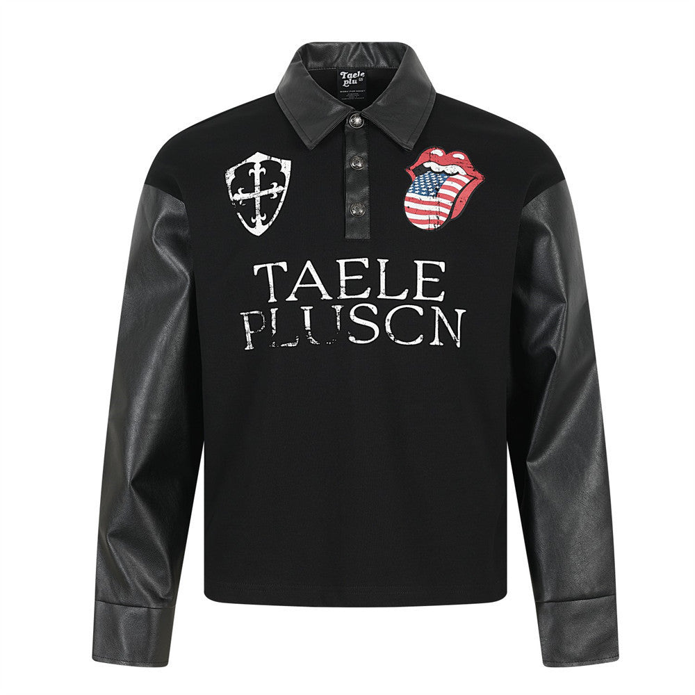 Schwarzes Herren-Poloshirt mit PU-Lederärmeln und American-Flag-Tongue-Grafik