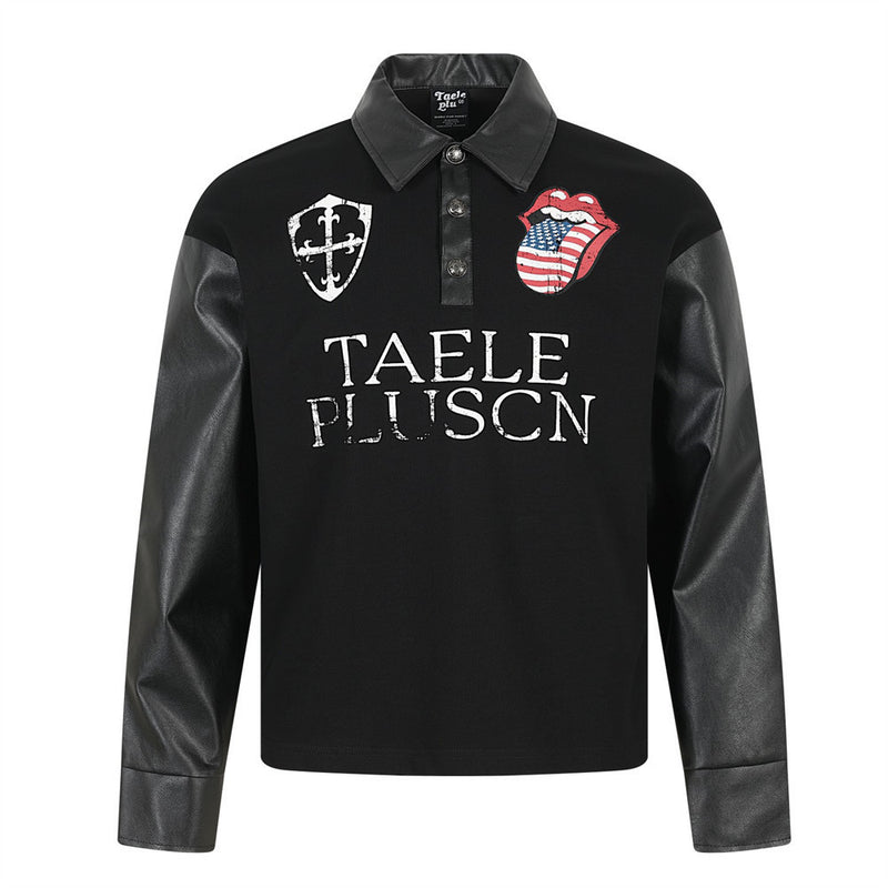 Schwarzes Herren-Poloshirt mit PU-Lederärmeln und American-Flag-Tongue-Grafik