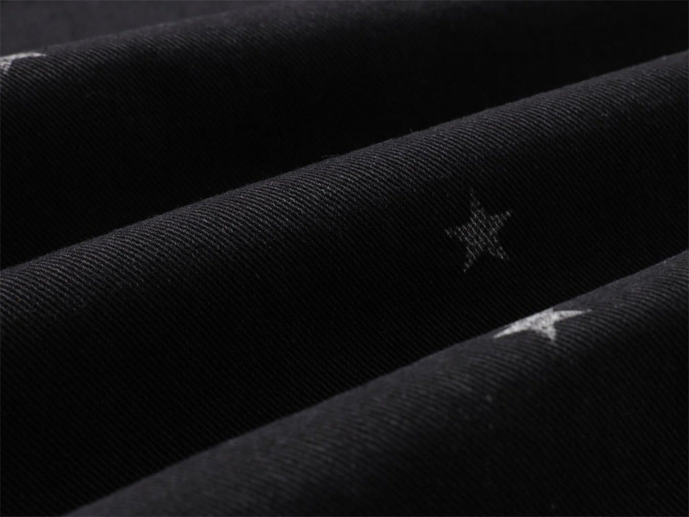 Star Print Wide-Leg Jeans – Men's Baggy Black Denim with Heart Charm