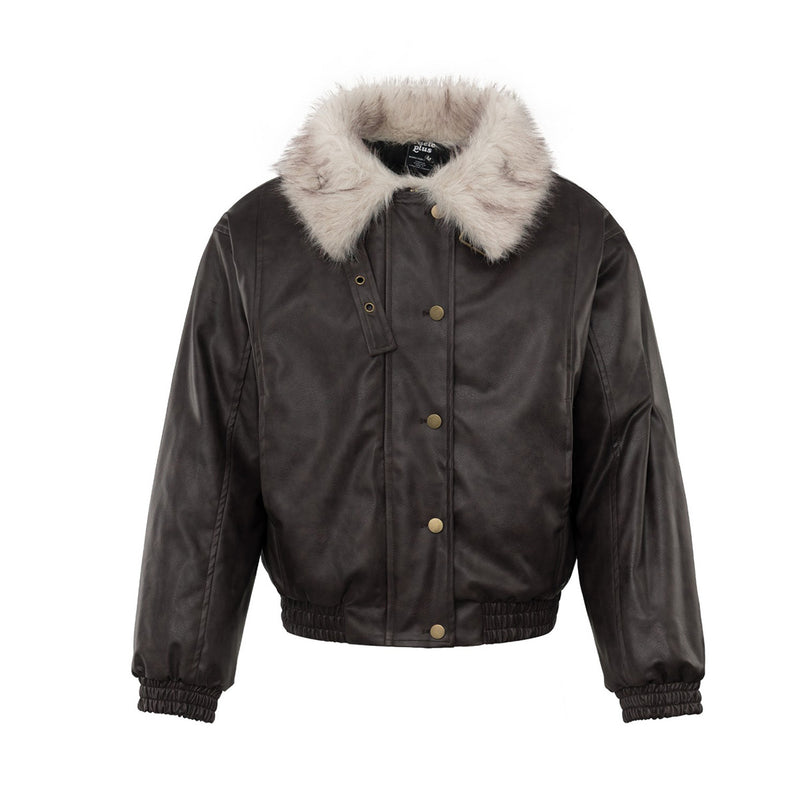 Faux Leather Bomber Jacket with Fur Collar – Padded Aviator Style