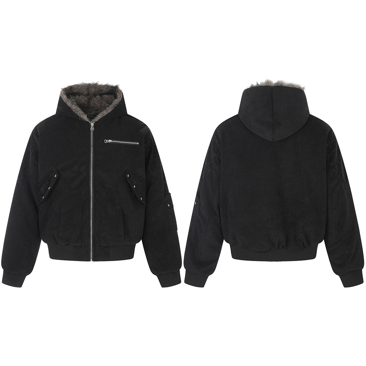 Fur-Trim Hooded Bomber Jacket – Padded Black Flight Jacket with Faux Fur Hood