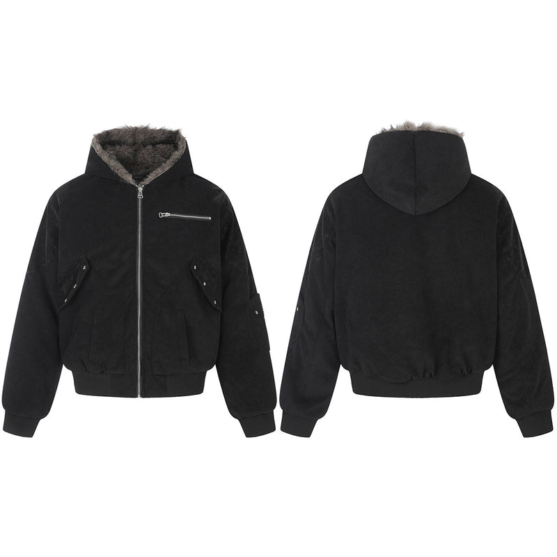 Fur-Trim Hooded Bomber Jacket – Padded Black Flight Jacket with Faux Fur Hood