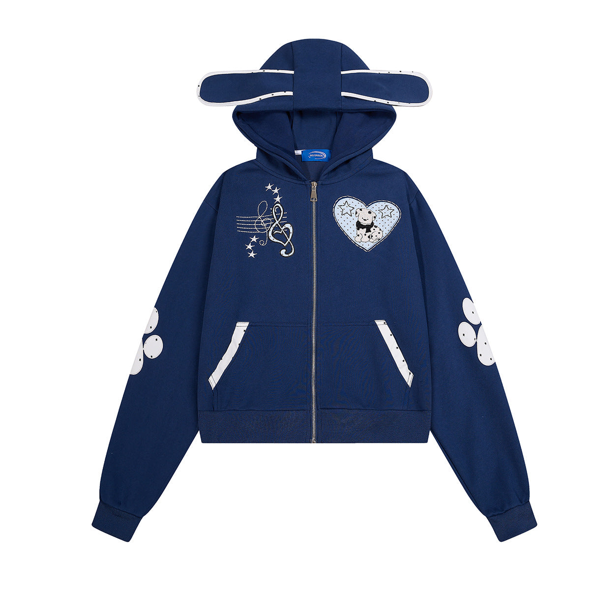 Sweat à capuche zippé raccourci bleu marine, capuche à oreilles de chien, patch cœur dalmatien, broderie de notes de musique et appliqué blanc d’empreinte sur la manche