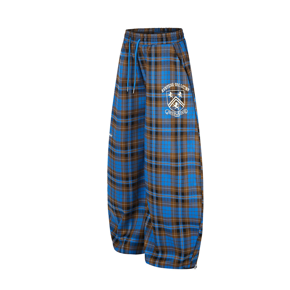 Wide-Leg Plaid Pants – Blue Tartan Baggy Fit with Crest Graphic & Drawstring Hem