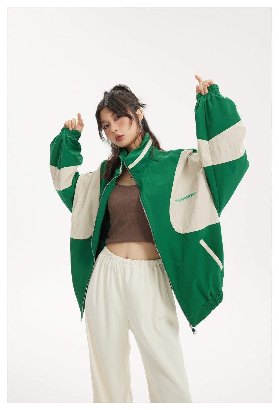 Colorblock Zip-Up Track Jacket — Oversized Retro Varsity Style