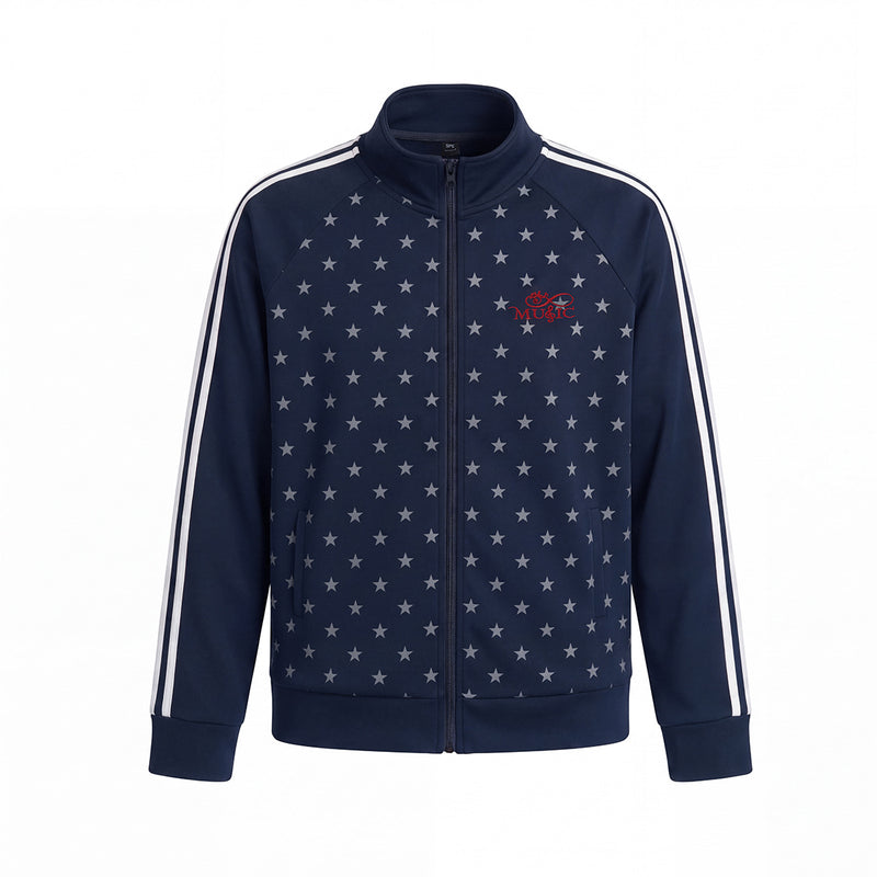 Chaqueta de chándal azul marino con estampado de estrellas, cremallera completa, cuello alto y rayas blancas laterales en las mangas