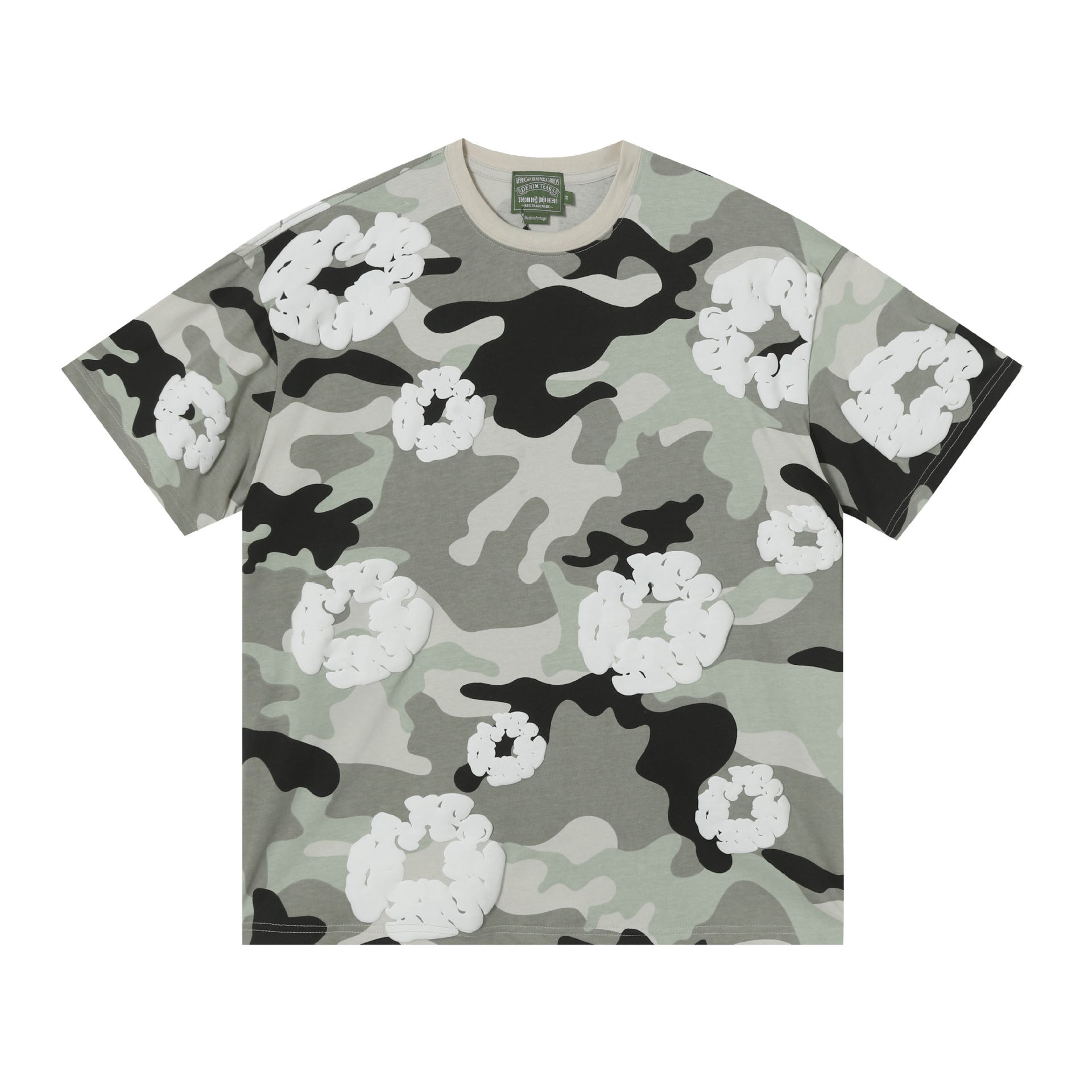 Denim Tears grey camouflage T-shirt with all-over white wreath print, crew neck, short sleeves