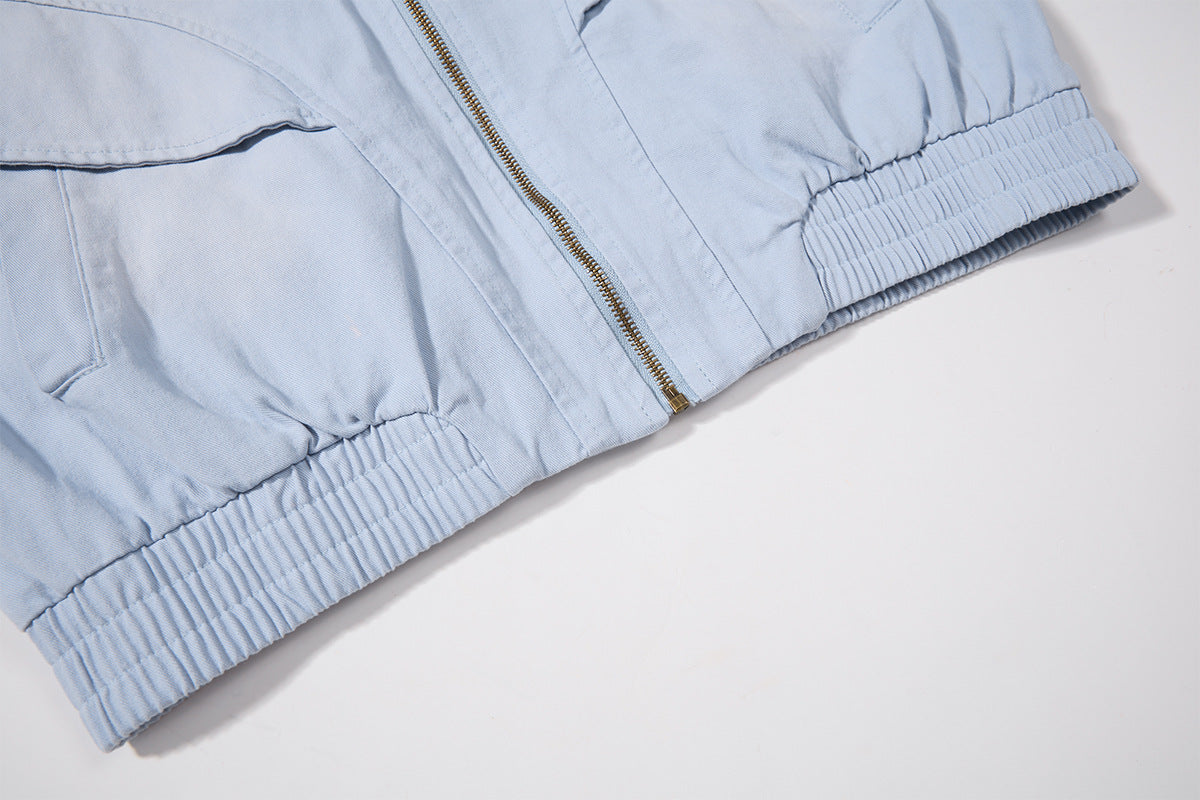 Retro American Washed Zip-Up Jacket with Corduroy Collar