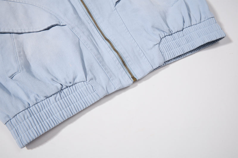 Retro American Washed Zip-Up Jacket with Corduroy Collar