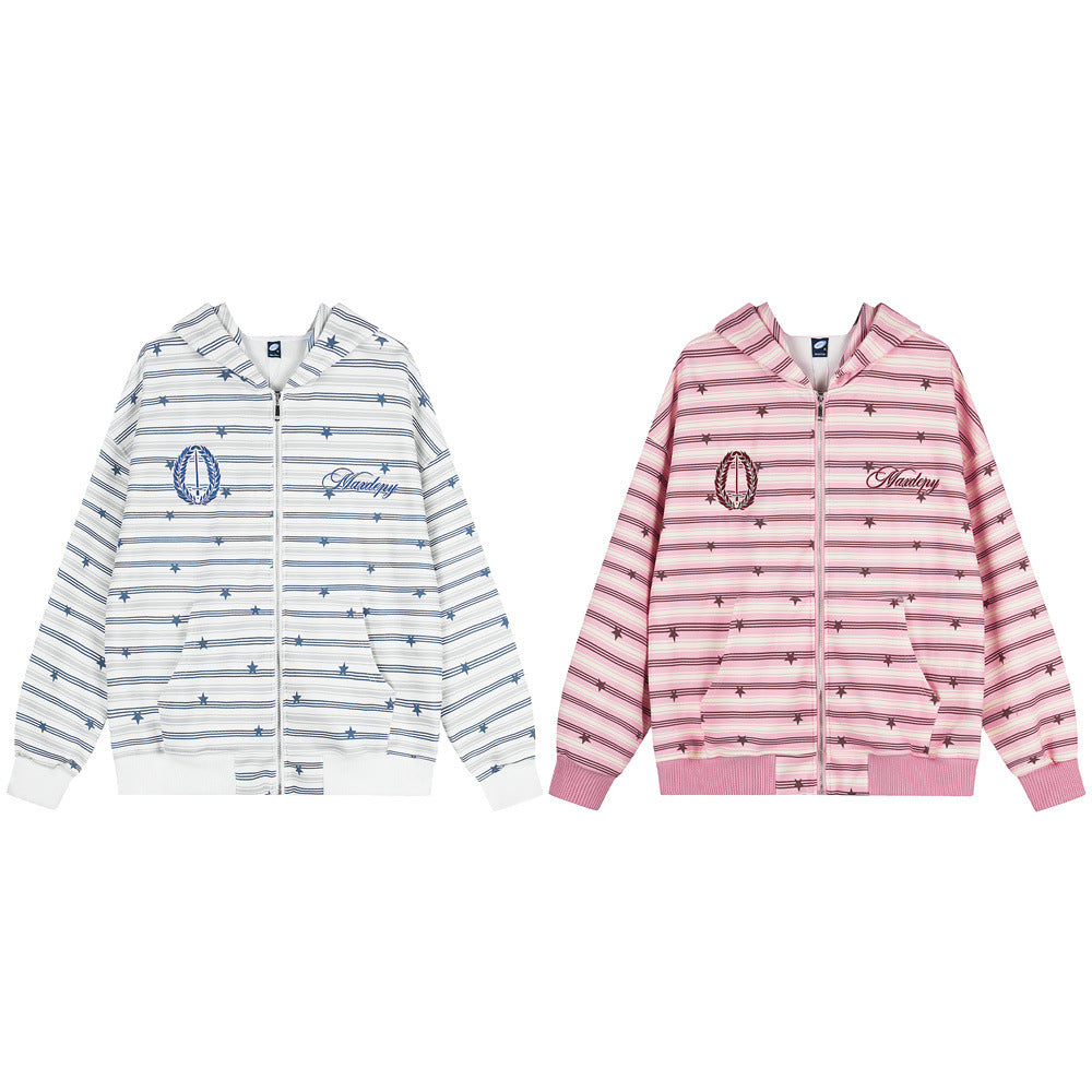 Hoodie zippé rayé imprimé étoiles – Sweat veste streetwear oversize