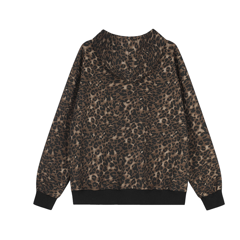 Leopard Print Zip-Up Hoodie with Military Star Band Detail