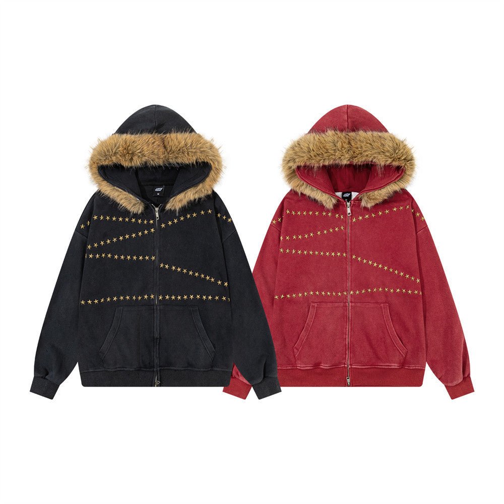 Sudadera con cremallera, capucha con ribete de pelo sintético y bordado de estrellas doradas — Streetwear para hombre