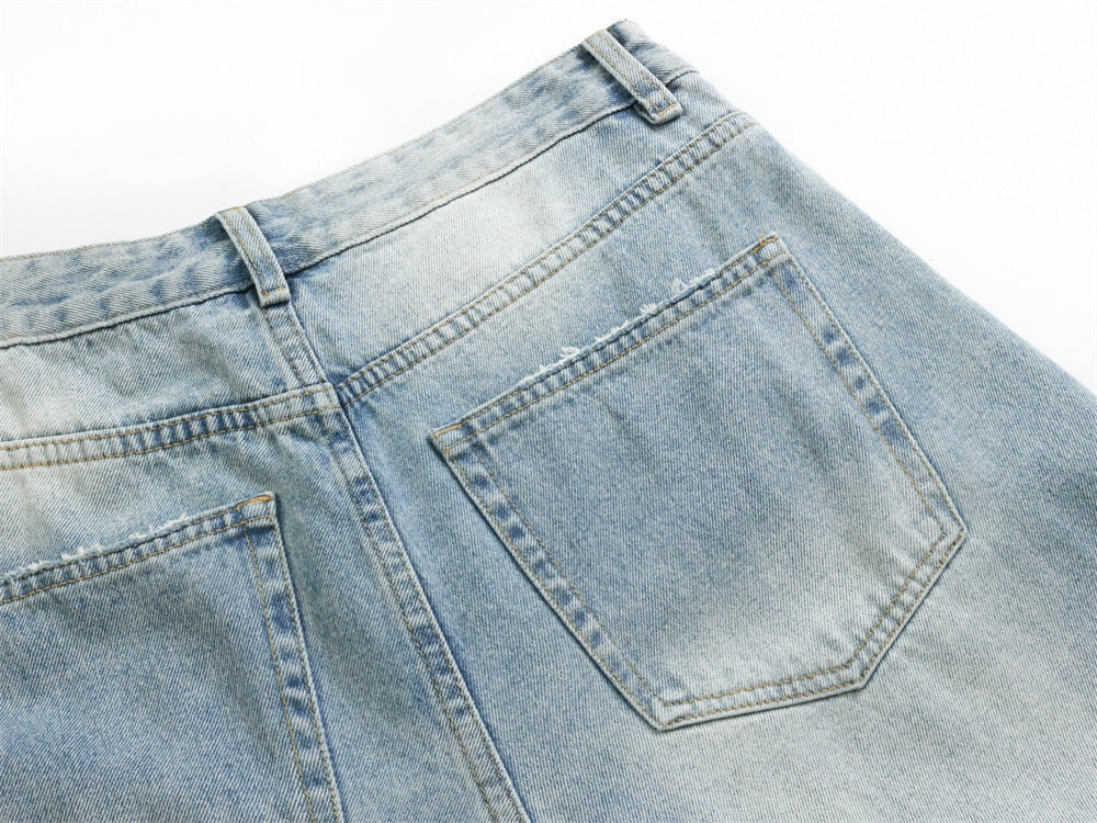 Wide-Leg Baggy Jeans – Men's Vintage Washed Light Blue Curved Hem Denim