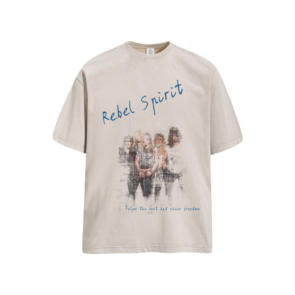 Oversized washed cotton Rebel Spirit graphic t-shirt in sand beige with distressed band photo print and blue script lettering