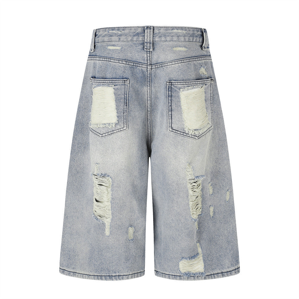 Baggy Jean Shorts Men – Distressed Ripped Denim, Washed Light Blue