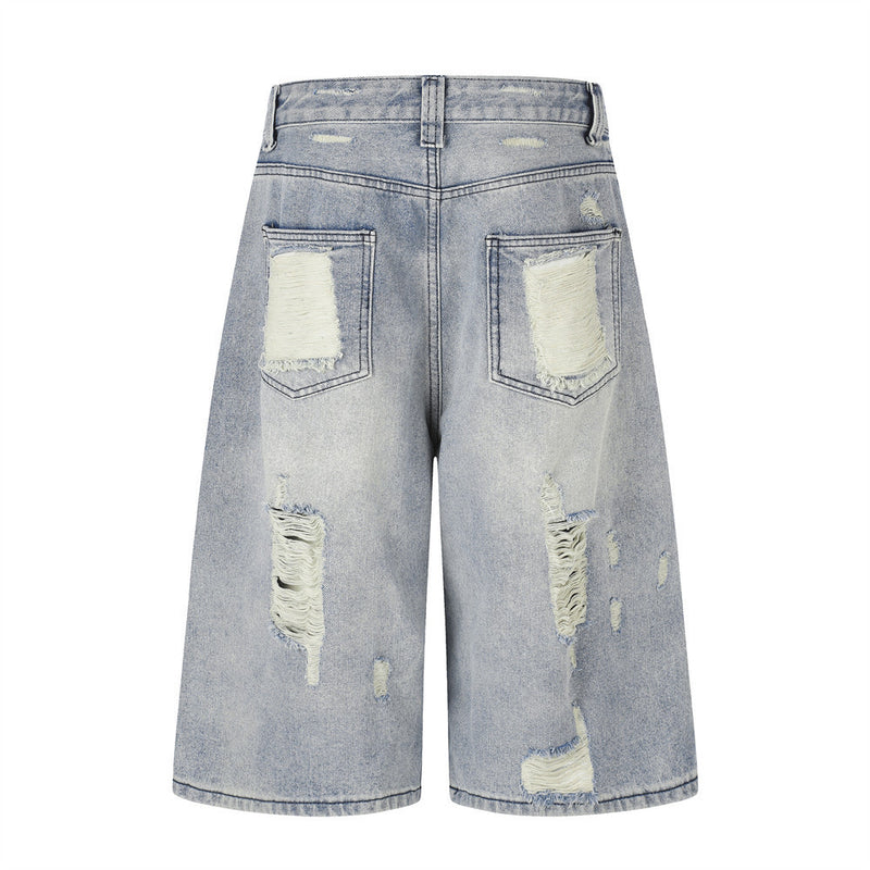 Baggy Jean Shorts Men – Distressed Ripped Denim, Washed Light Blue