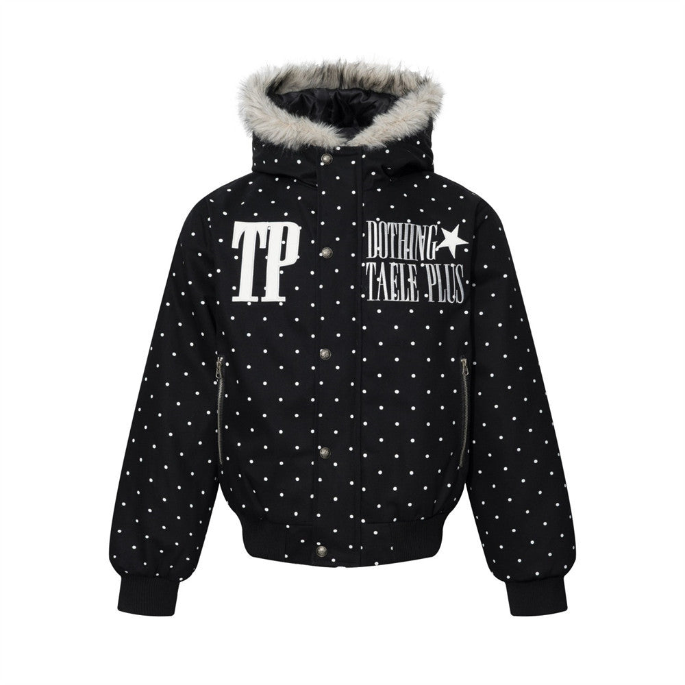 Bomberjacke mit Kapuze, Kunstfellbesatz und besticktem Schriftzug im Polka-Dot-Muster