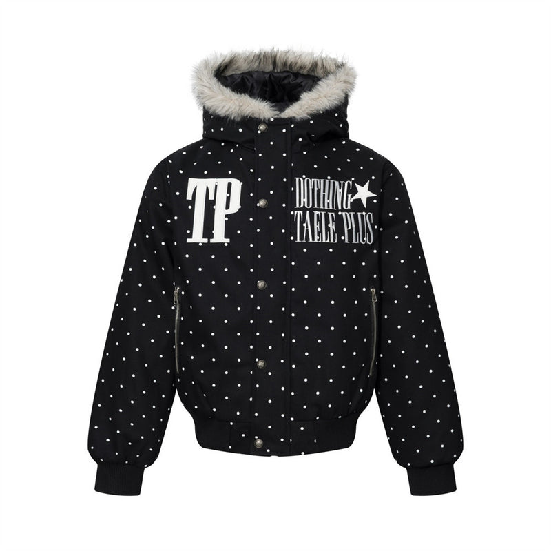 Bomberjacke mit Kapuze, Kunstfellbesatz und besticktem Schriftzug im Polka-Dot-Muster