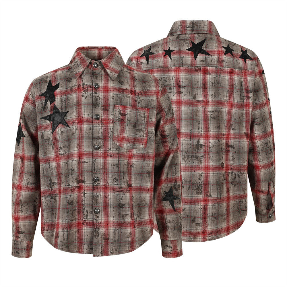 Distressed Plaid Long-Sleeve Shirt with Black Star Patches – Vintage Punk Style