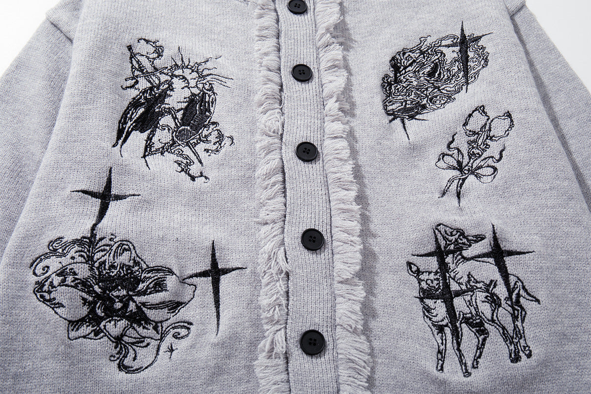 Gothic Embroidered Fringe Knit Cardigan Sweater – Oversized Button-Up