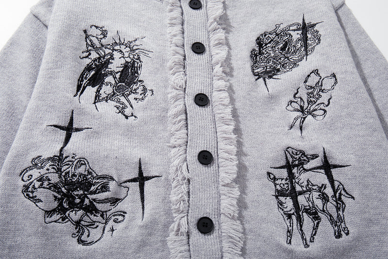 Gothic Embroidered Fringe Knit Cardigan Sweater – Oversized Button-Up
